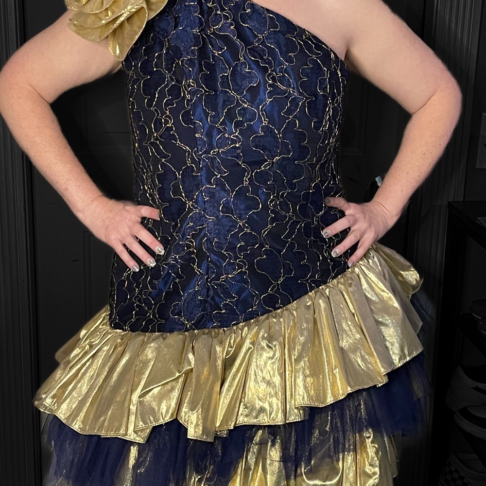 Navy and Gold One-Shoulder Dress